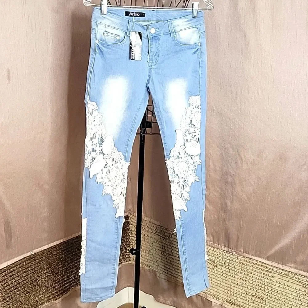 AZBRO‎ Lace Skinny Blue Jeans Small